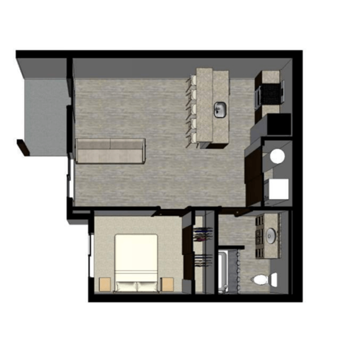 Floor plan for 1 bed, 1 bath, 585 sqft
